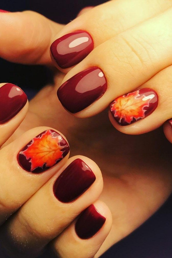 Burgundy Solids with Maple Leaf Accents, classy short fall nails for women over 50