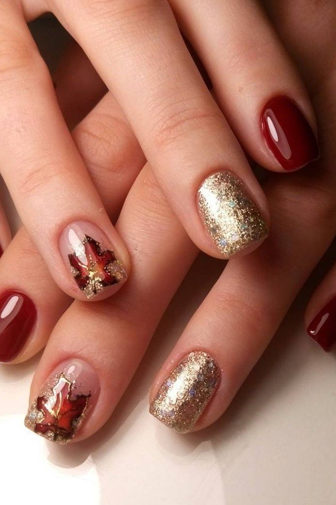 Burgundy with Gold Glitter and Maple Leaf Art, classy short fall nails for women over 50