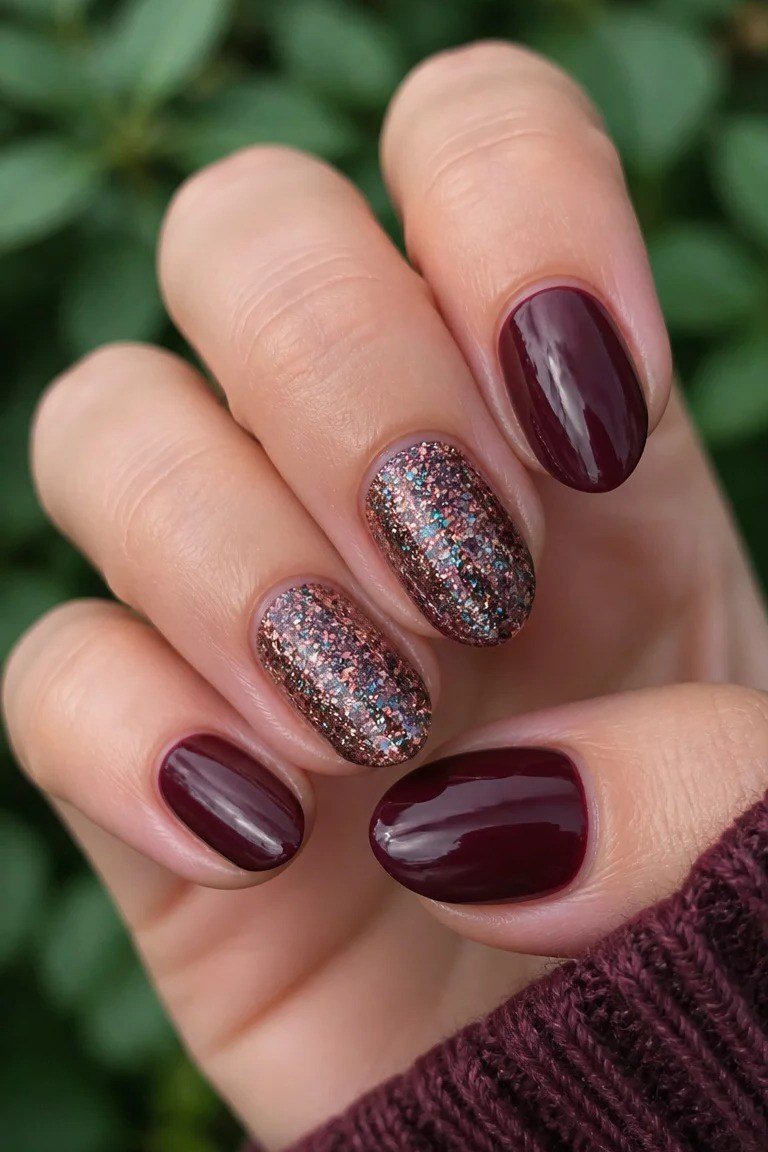 Plum Solids with Silver Glitter, classy short fall nails for women over 50