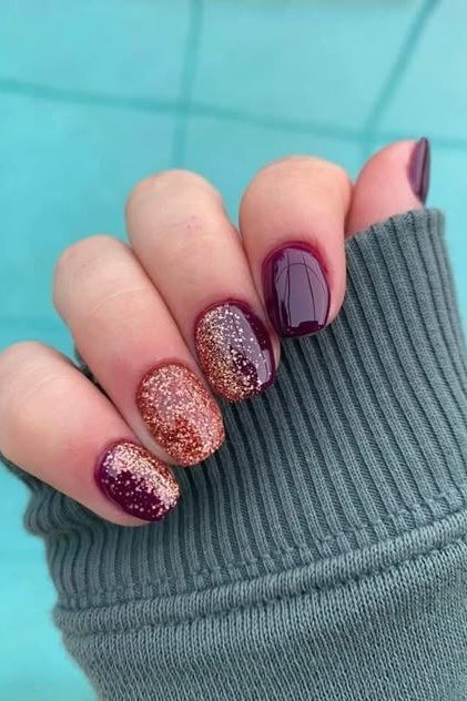 Purple Glitter with Copper Glitter Accents, classy short fall nails for women over 50