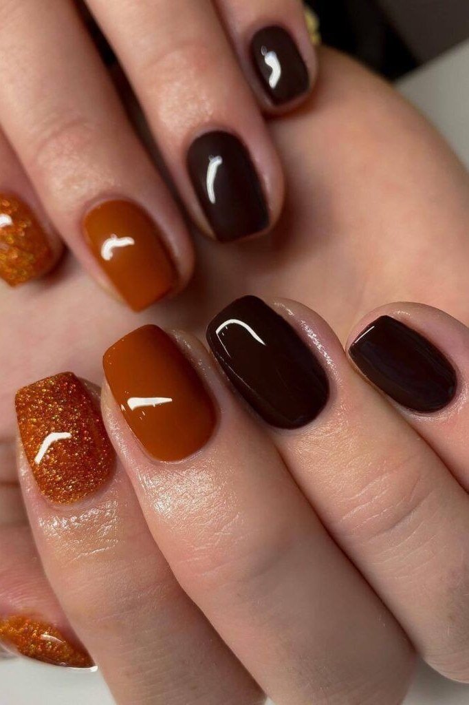 Chocolate and Copper Glitter Solids, classy short fall nails for women over 50