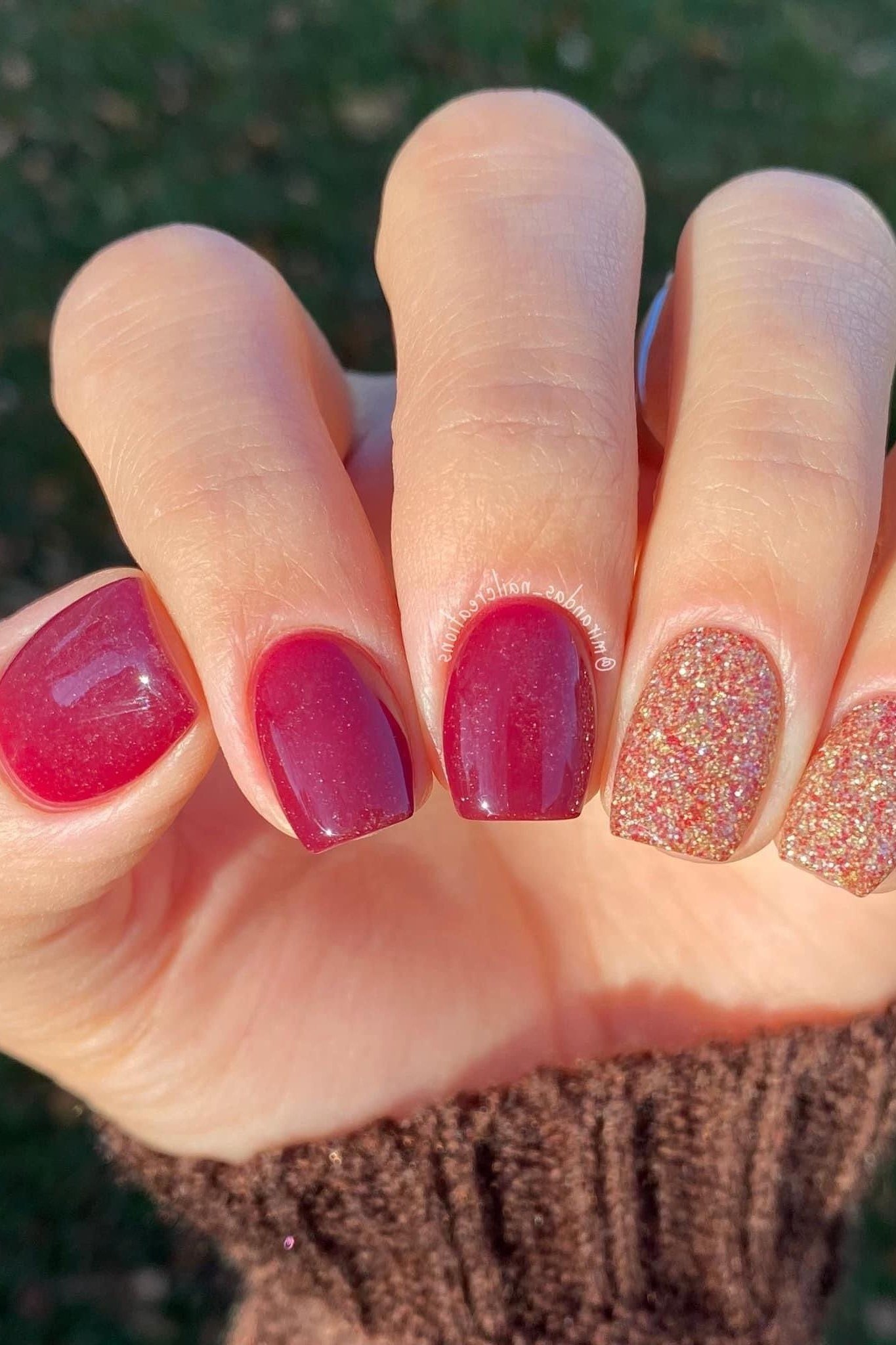 Berry Solids with Pink Glitter, classy short fall nails for women over 50