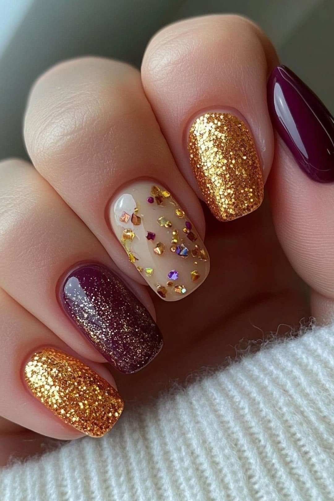Plum Solids with Gold Glitter, classy short fall nails for women over 50