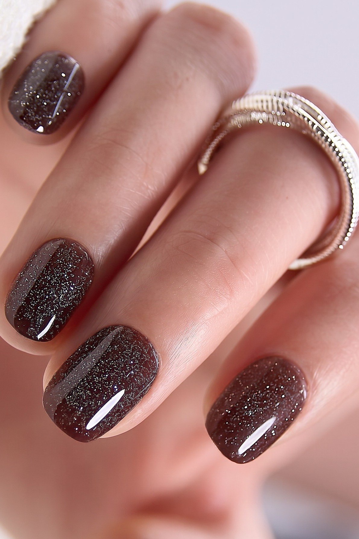 Dark Chocolate Glitter Solids, classy short fall nails for women over 50