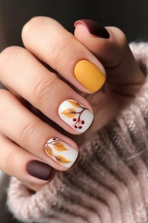Mocha Solids with Leaf Art and Mustard Accents, classy short fall nails for women over 50