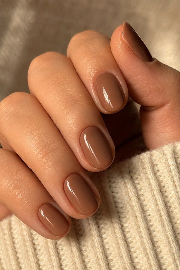 Caramel Glossy Short Solids, classy short fall nails for women over 50