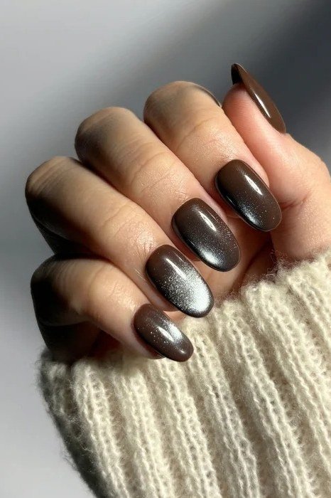 Dark Mocha Chrome Solids, classy short fall nails for women over 50