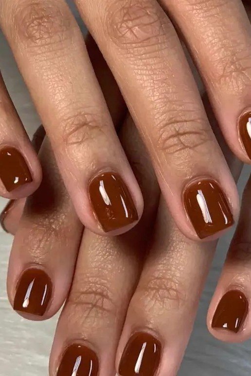 Chestnut Brown Glossy Solids, classy short fall nails for women over 50