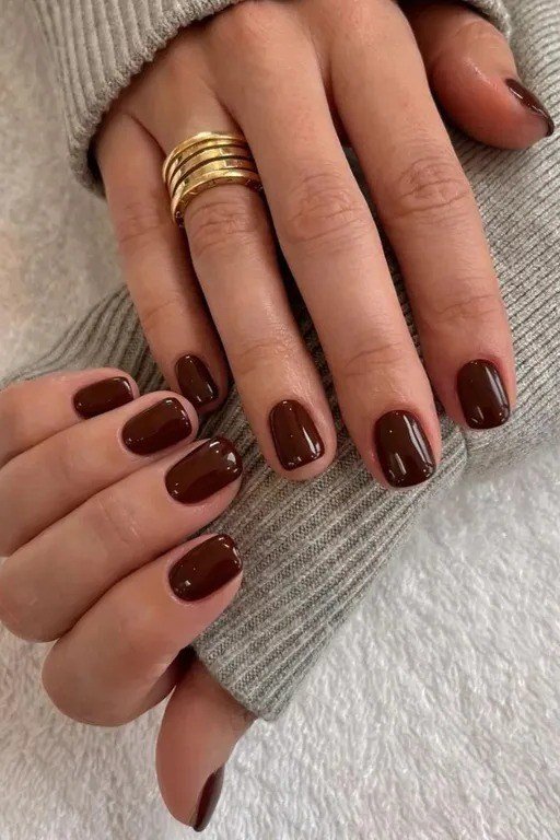 Dark Cocoa Solids, classy short fall nails for women over 50