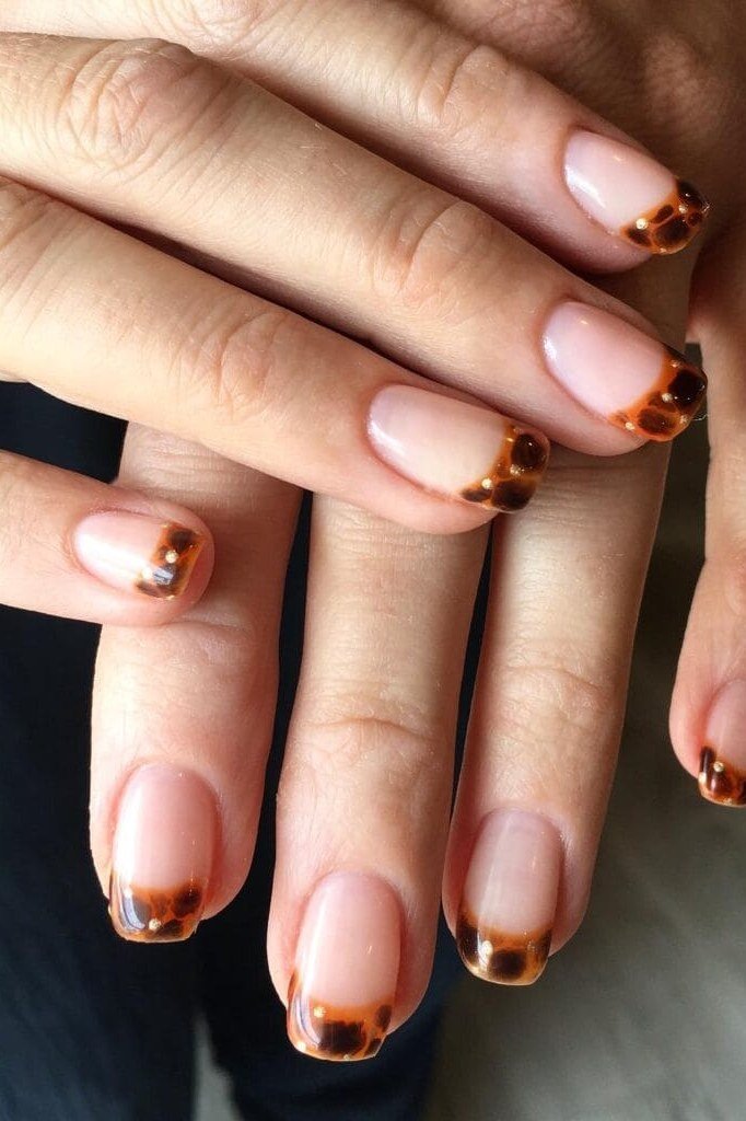 Nude Nails with Tortoise French Tips, classy short fall nails for women over 50