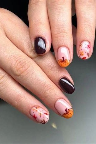 Deep Plum with Pumpkin and Leaf Art, classy short fall nails for women over 50