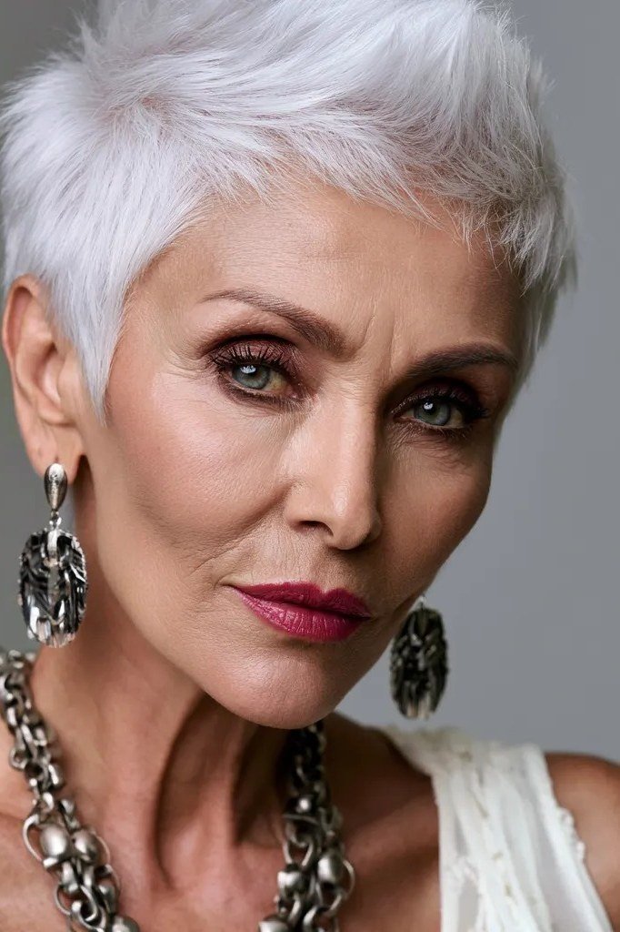 Layered white pixie haircut with soft bangs for women over 60, front view