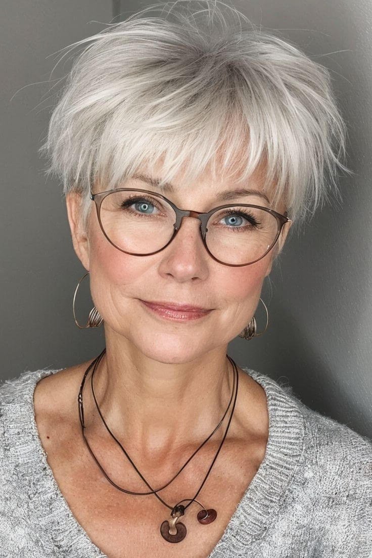 White pixie haircut with bangs and glasses on woman over 60