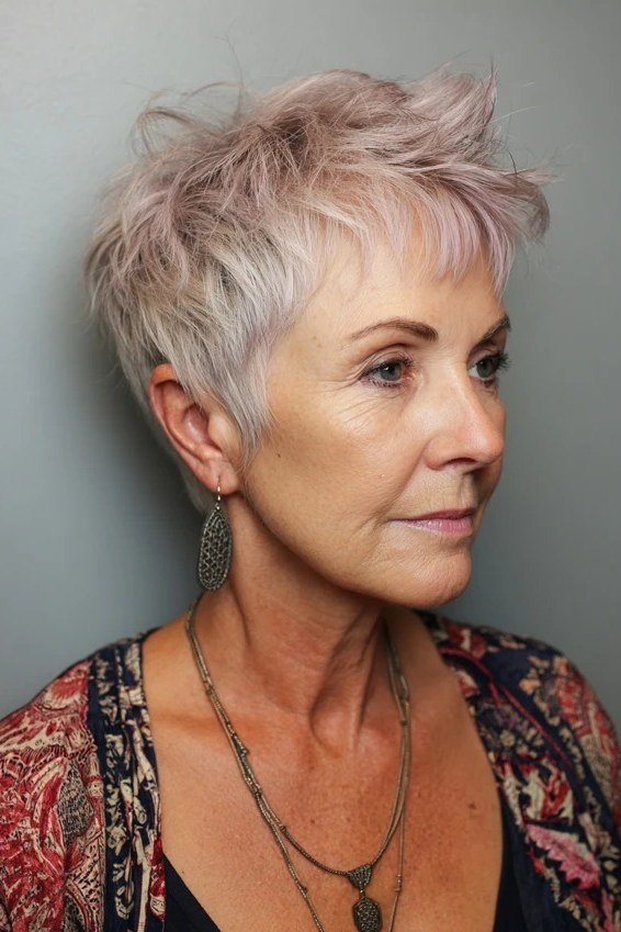 Silver pixie haircut with wispy side bangs, side view