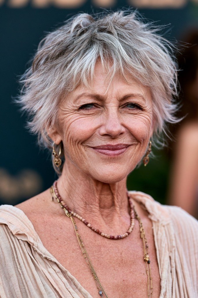 Snow-white pixie haircut with bangs for women over 60