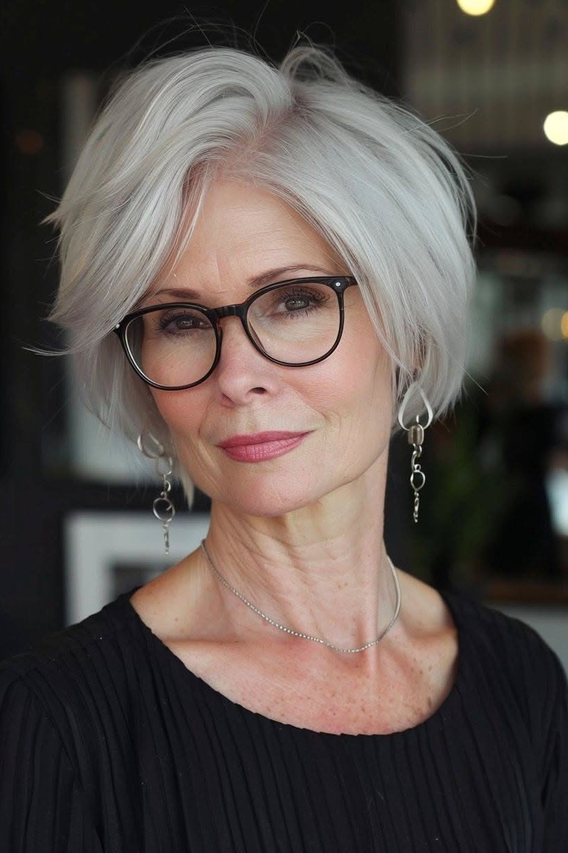 White pixie bob haircut with bangs and glasses for older woman