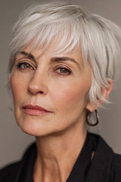 Classic gray pixie haircut for women over 60, full front view