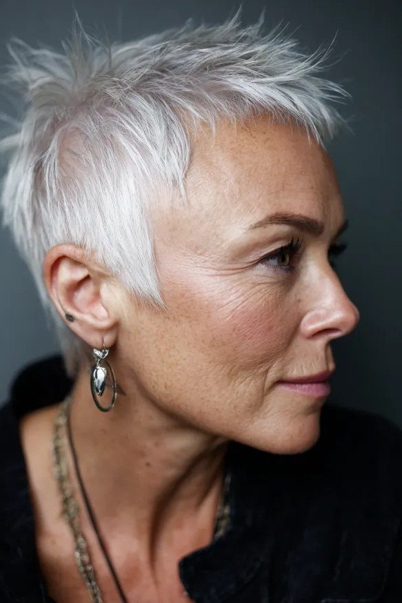White spiky pixie crop haircut, side profile