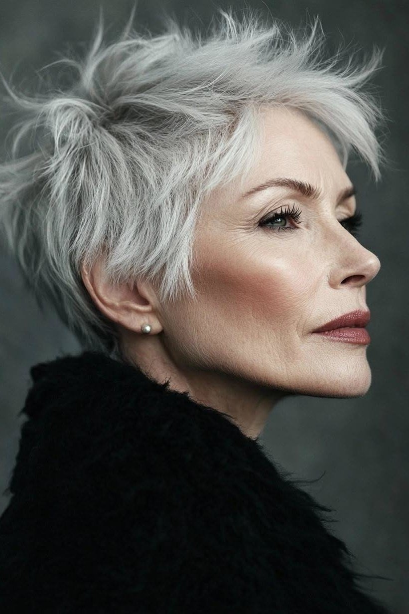 Piecey spiky gray pixie haircut with separation