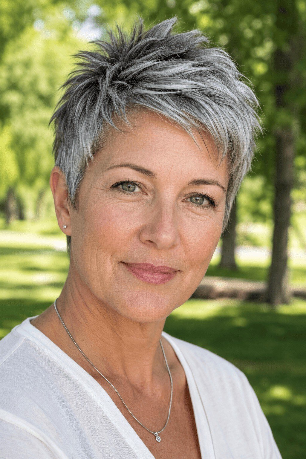 Silver spiky pixie haircut with front texture for older women