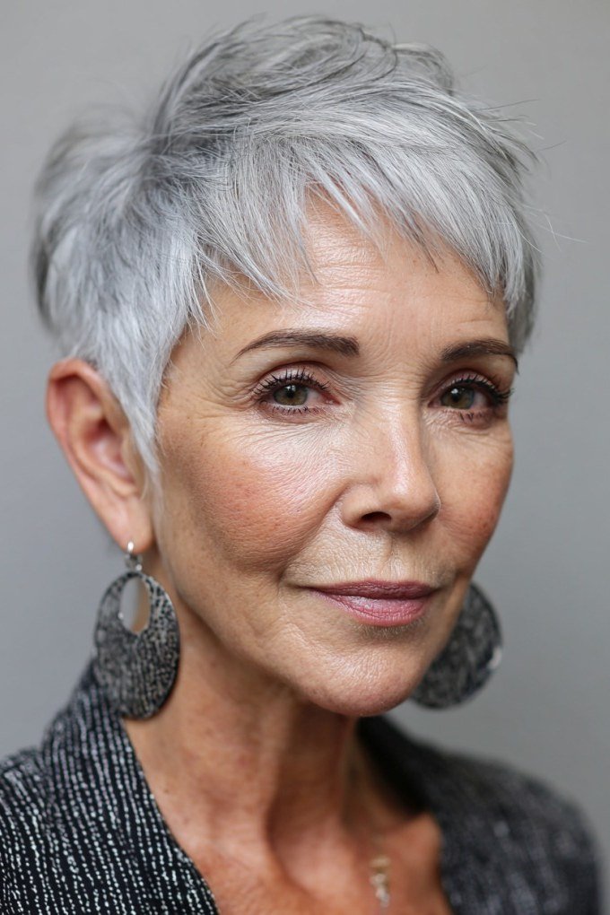 Softly textured silver-gray pixie haircut for women over 60