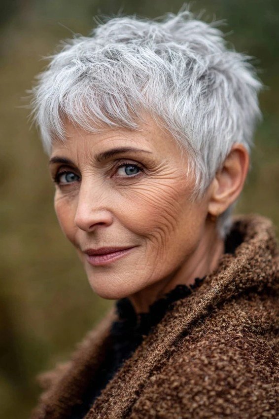 Spiky white pixie haircut with crown lift on older woman