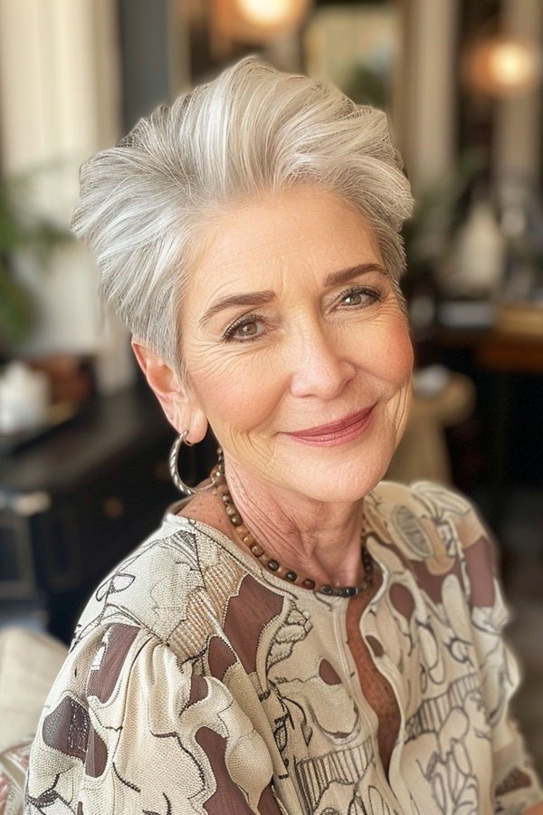 Tousled spiky white pixie haircut for women over 60