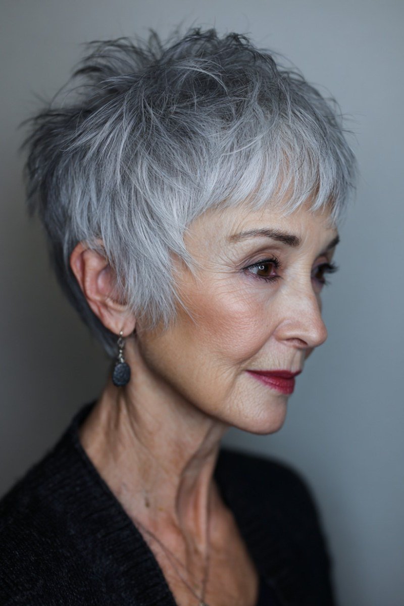 Textured silver-gray pixie haircut, side profile