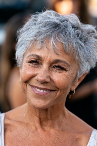 Tousled white pixie haircut with volume, 3/4 view