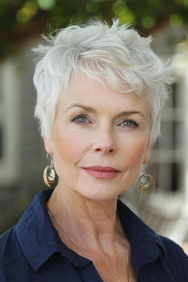 Bold spiky white pixie haircut for women over 60
