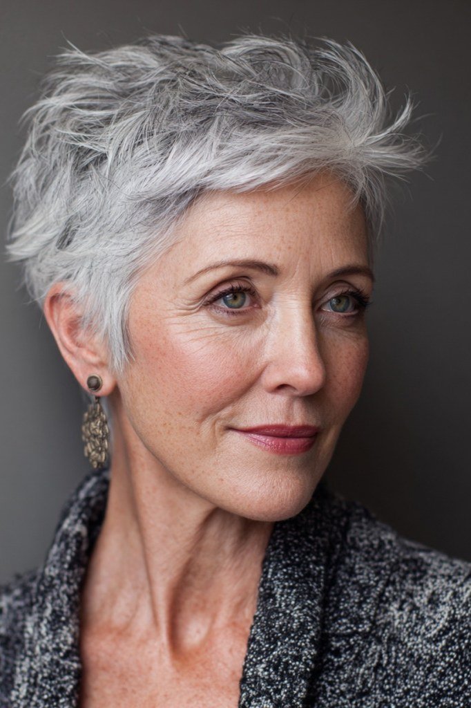 Tousled silver pixie haircut with crown height, 3/4 view