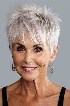 Short spiky white pixie crop haircut for older women