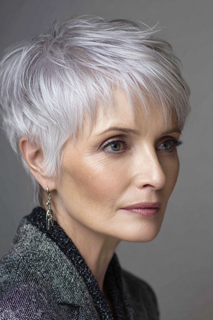 Sleek silver pixie haircut, dramatic side profile
