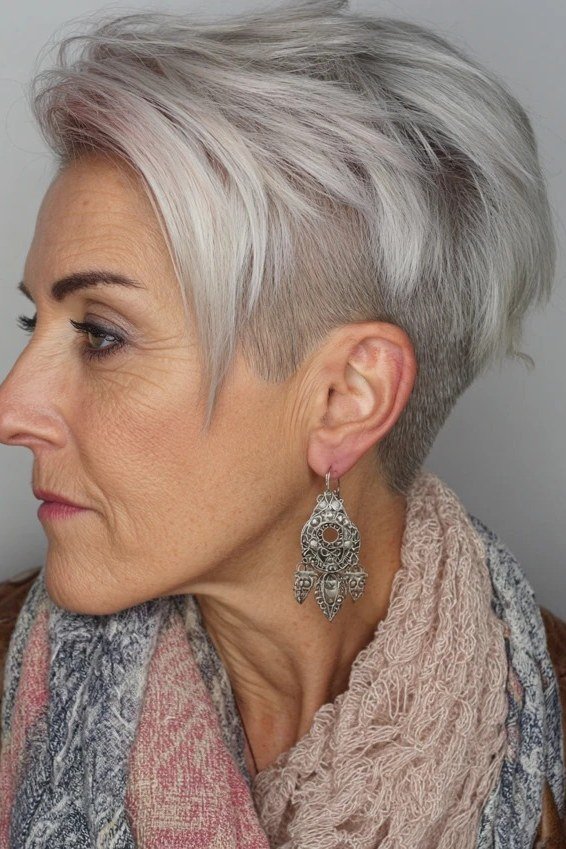 Silver undercut pixie haircut with long fringe for older women