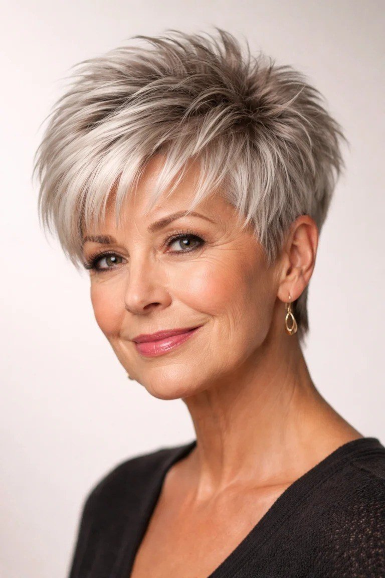 Silver pixie haircut with long tapered fringe for women over 60