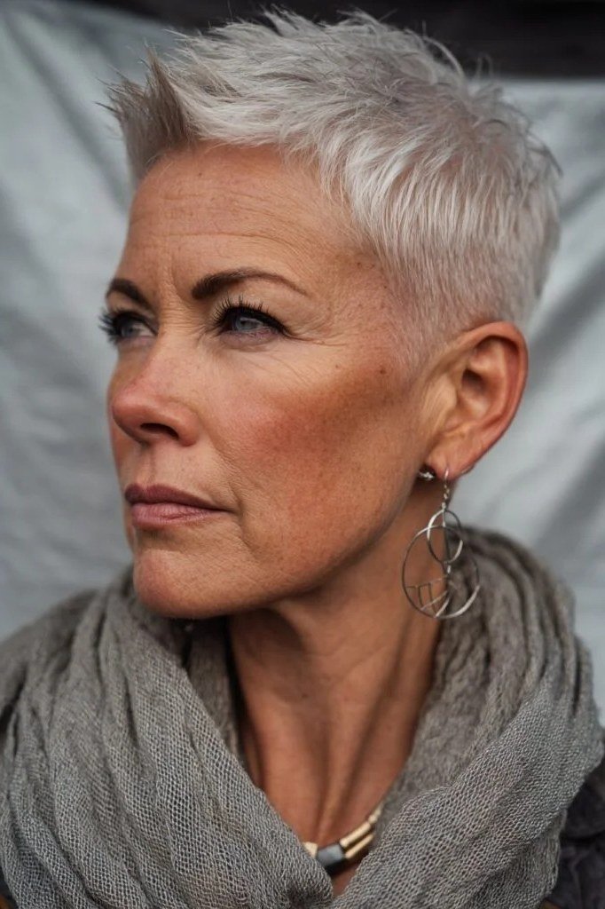 Very short white pixie crop haircut, side-front view
