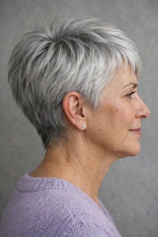 Tapered silver pixie haircut, side profile