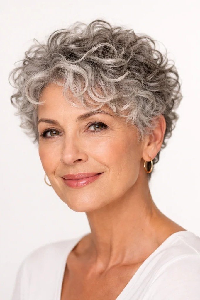 Curly silver pixie haircut with volume for older women