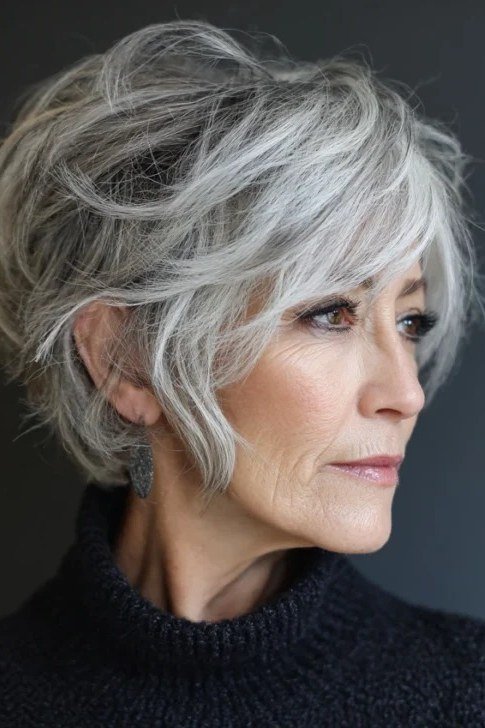 Shaggy silver pixie bob haircut, side view