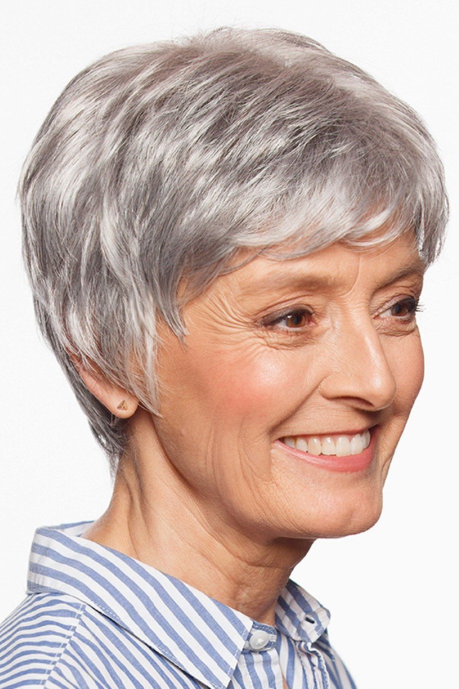 Silver bowl-cut pixie haircut with bangs for women over 60