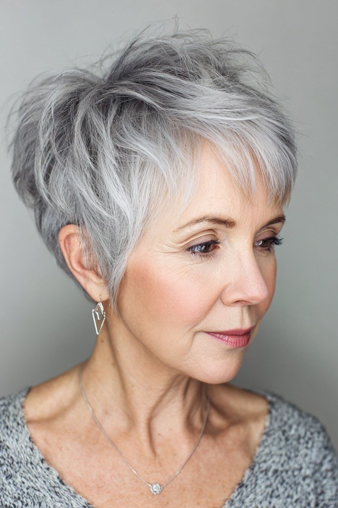Silver pixie haircut, clean side view