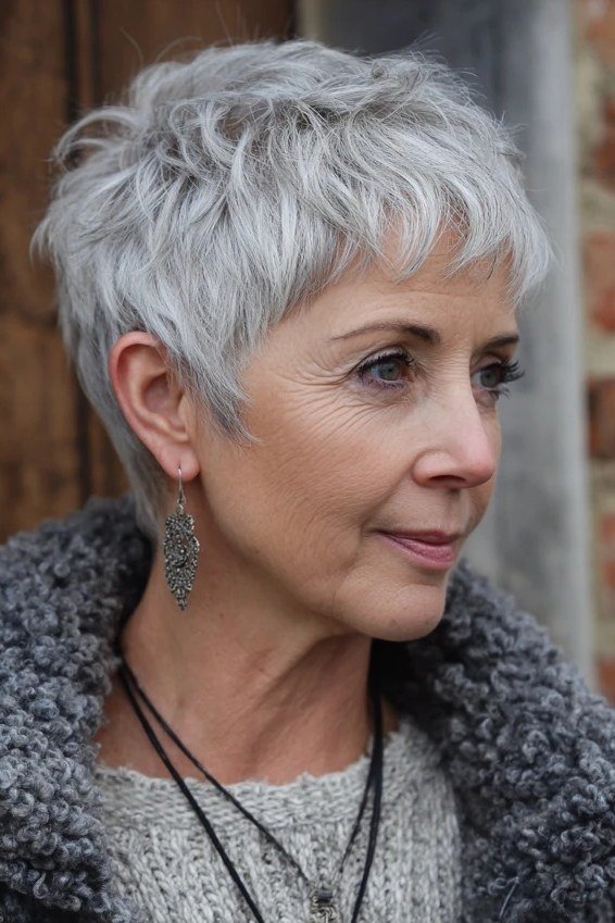 Silver-gray pixie haircut with soft texture, 3/4 view