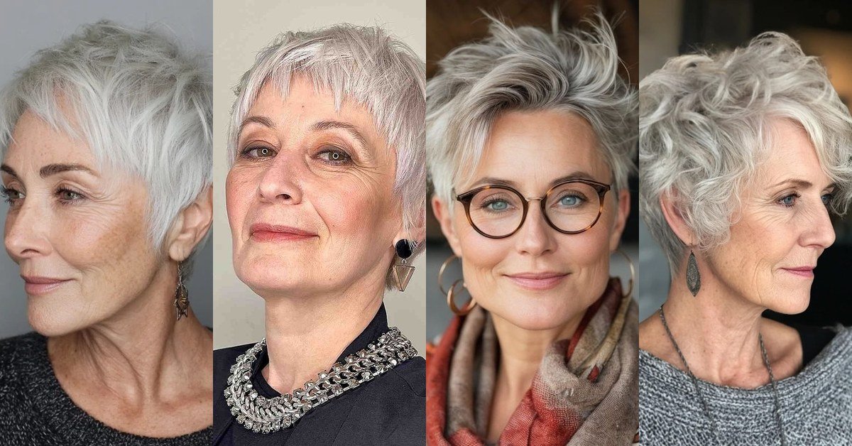 Silver pixie haircuts for women over 60: collage of four flattering silver pixie styles