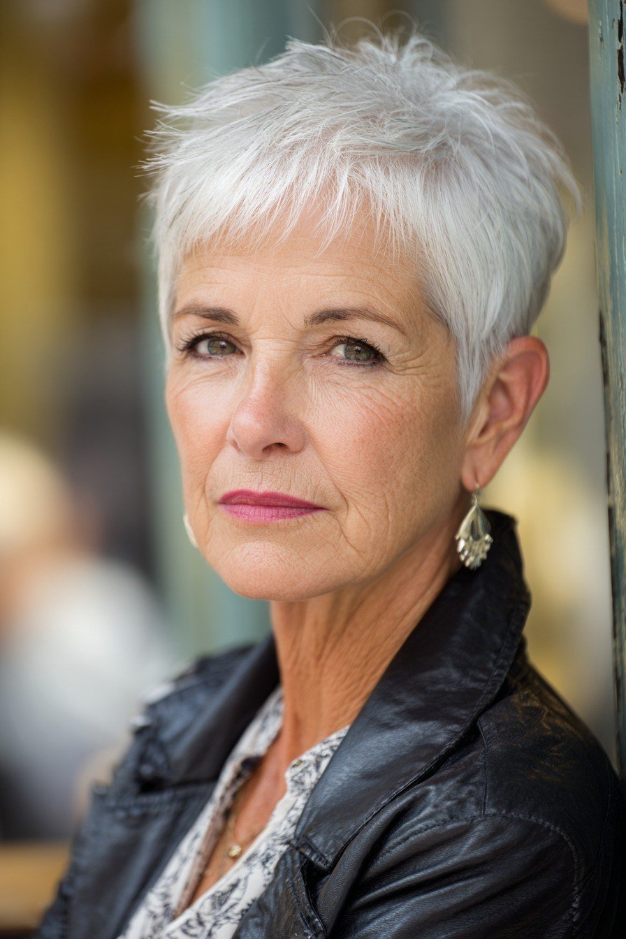 Piecey White Pixie with Casual Edge on a woman over 70