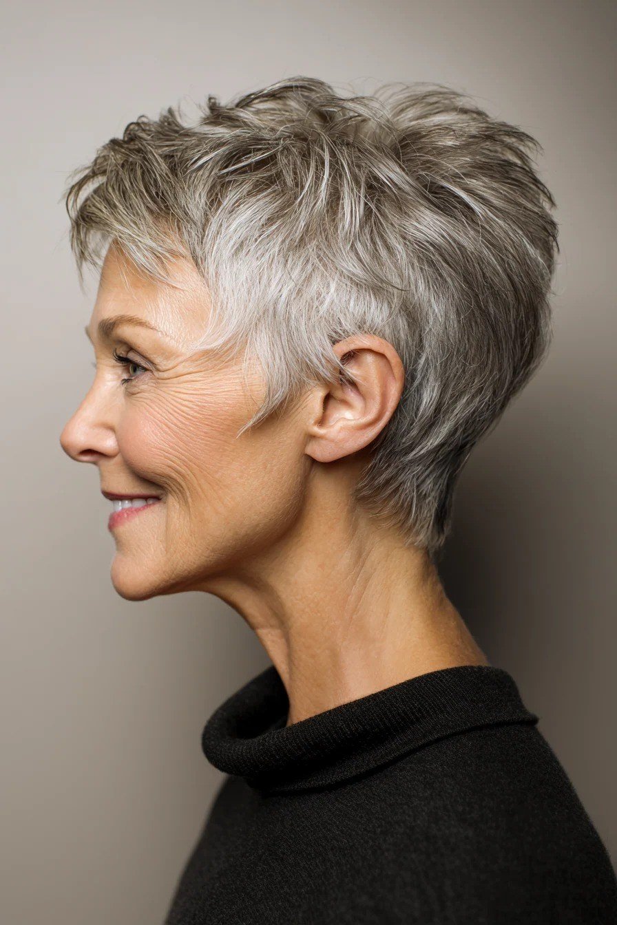 Tapered Gray Pixie with a Clean Neckline on a woman over 70