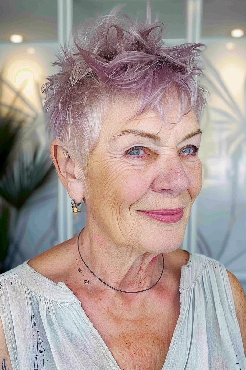 Lavender-Pink Spiky Pixie with Bold Color on a woman over 70