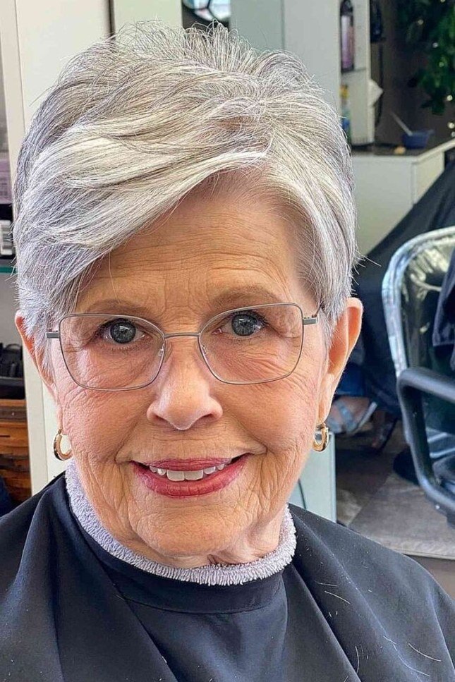 Neat Silver Pixie with Polished Sides on a woman over 70