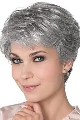 Gray Curly Pixie with Bouncy Texture on a woman over 70