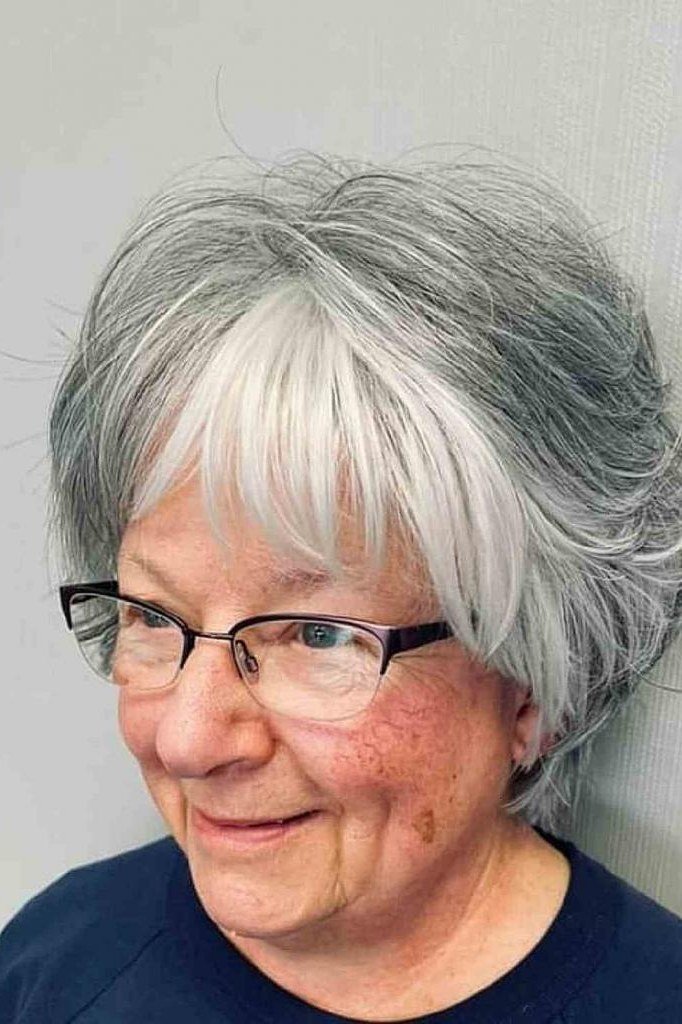 Gray Pixie with Feathered Bangs on a woman over 70