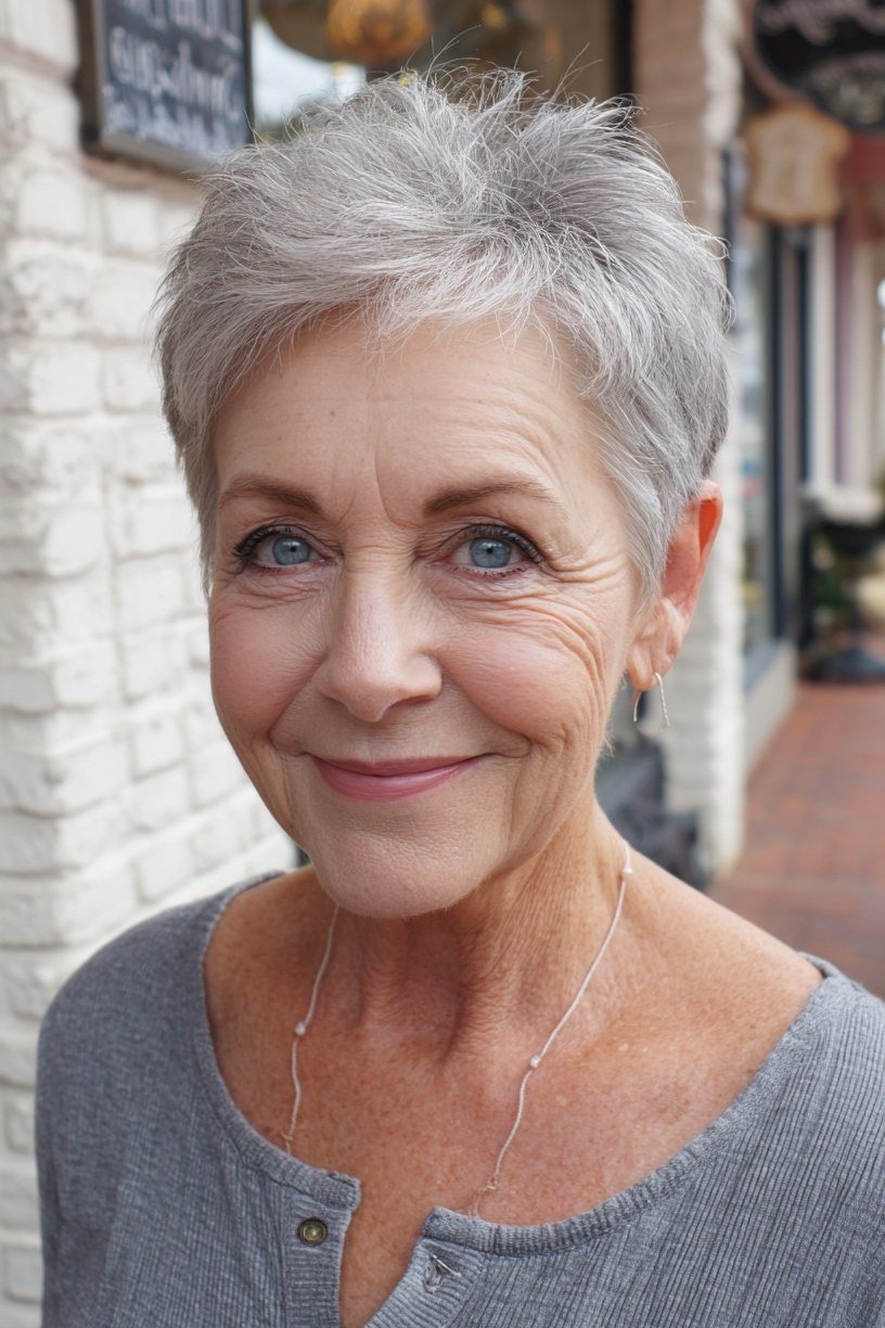 Crisp White Pixie with a Modern Shape on a woman over 70